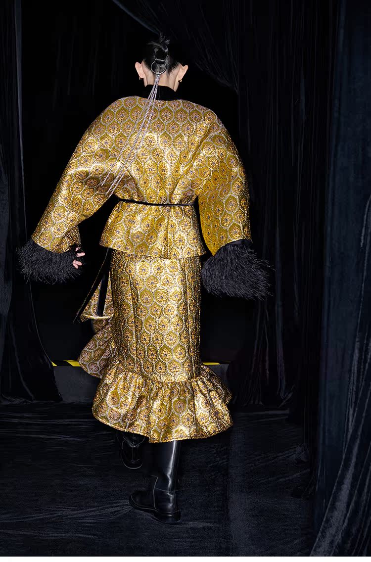 M essential Mackay gold banner jacquard crochet embroidery tunic coat - furbu.