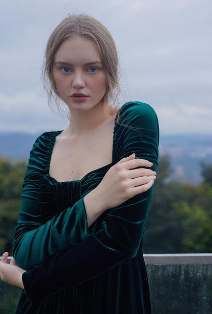 GOUDIN long dark green vintage velvet evening party-BOGNA.