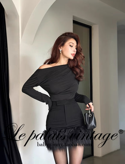 Le Palais Vintage Luxury Plain Black High Waist Hip Fur Rim Short Cocktail Skirt-Avery.