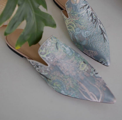 B-FEI vintage satin embossed flat mules-JOYCE.
