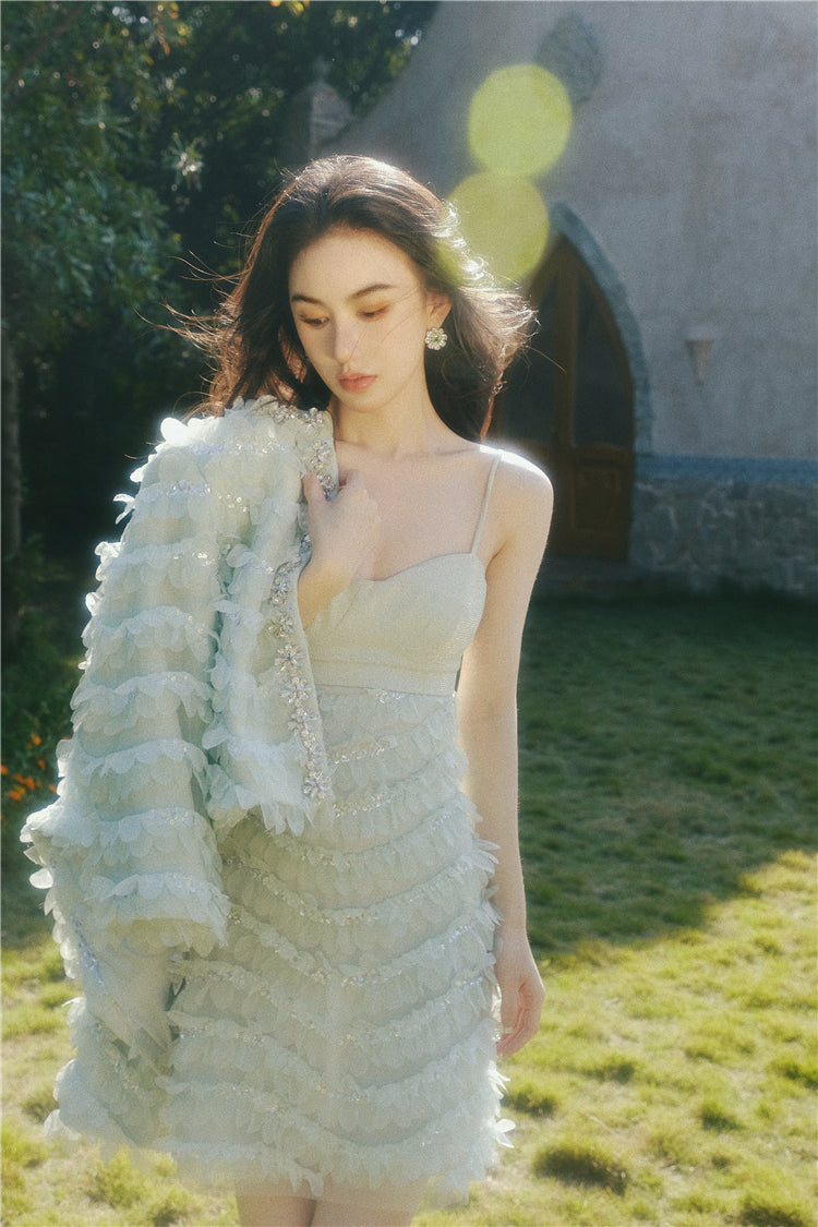 Wardrobes by Chen Green Long Sleeve Short Flower Jacket/Dress- Daby