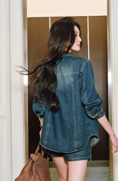 WANGXO | Sophisticated Denim Shirt & Shorts Outfit Set - LUXOR.