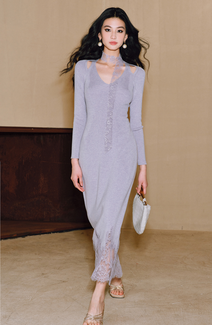 WANGXO | Merino Wool Knit with Panelled Eyelash Lace Slim Dress -NÉRO.
