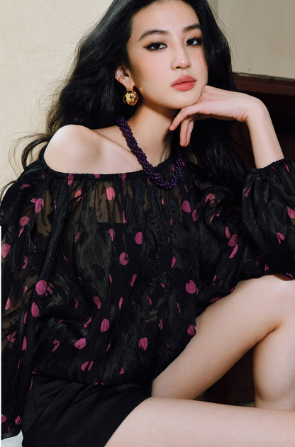 WANGXO | Sheer Silk French Retro Leopard & Polka Dot Loose Top -LYRA.