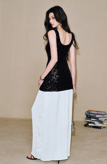 WANGXO | Gilded sequin-stitch silk pleated shimmer Dress - BYRON.