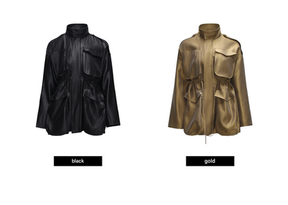 WANGXO | High-End Luxury Silk Brocade Luster Stand-Up Collar Waist 3D Pocket Jackets-VERA