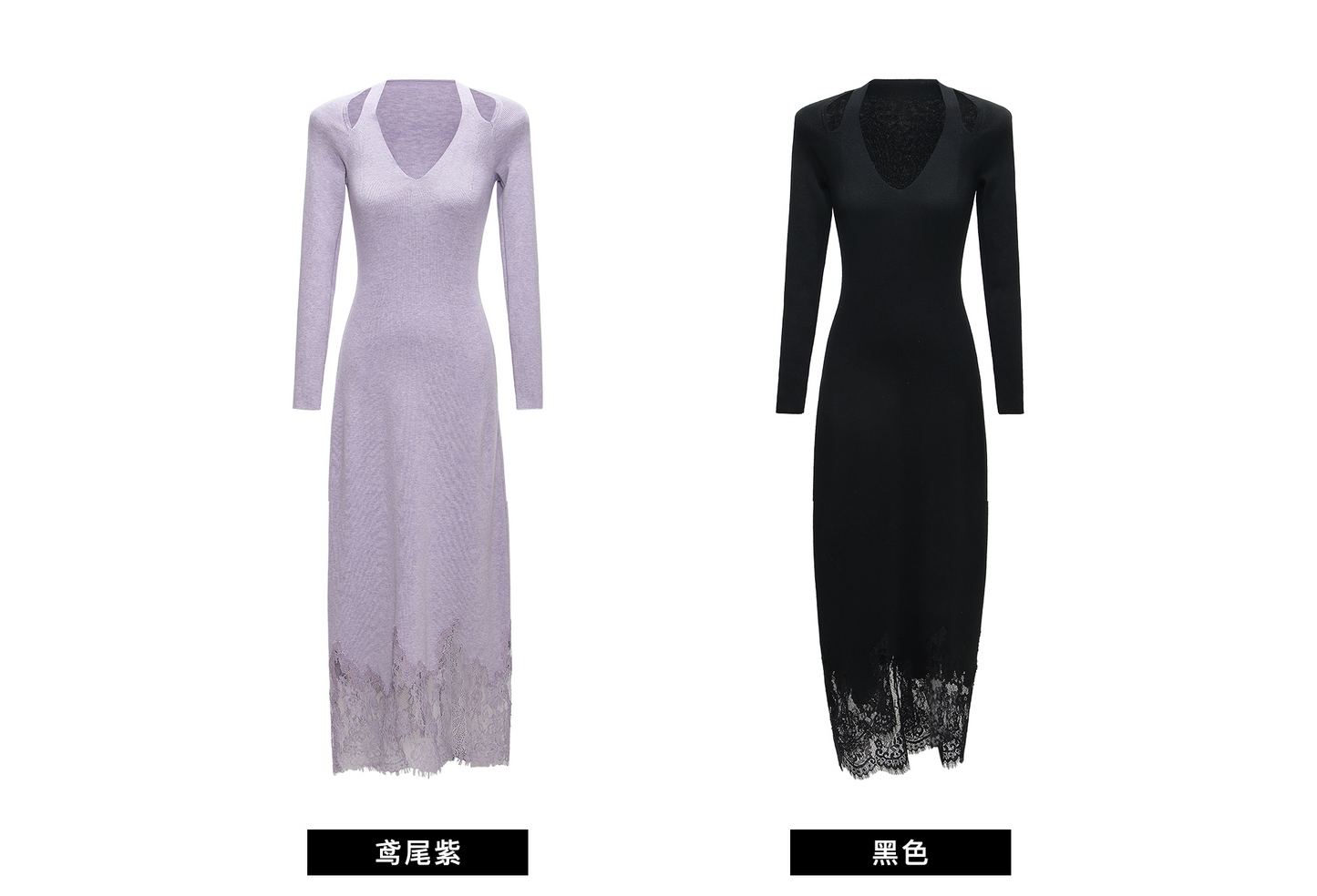 WANGXO | Merino Wool Knit with Panelled Eyelash Lace Slim Dress -NÉRO.