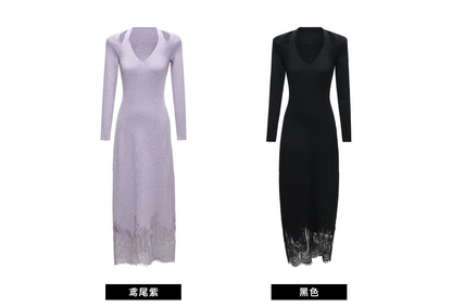WANGXO | Merino Wool Knit with Panelled Eyelash Lace Slim Dress -NÉRO.