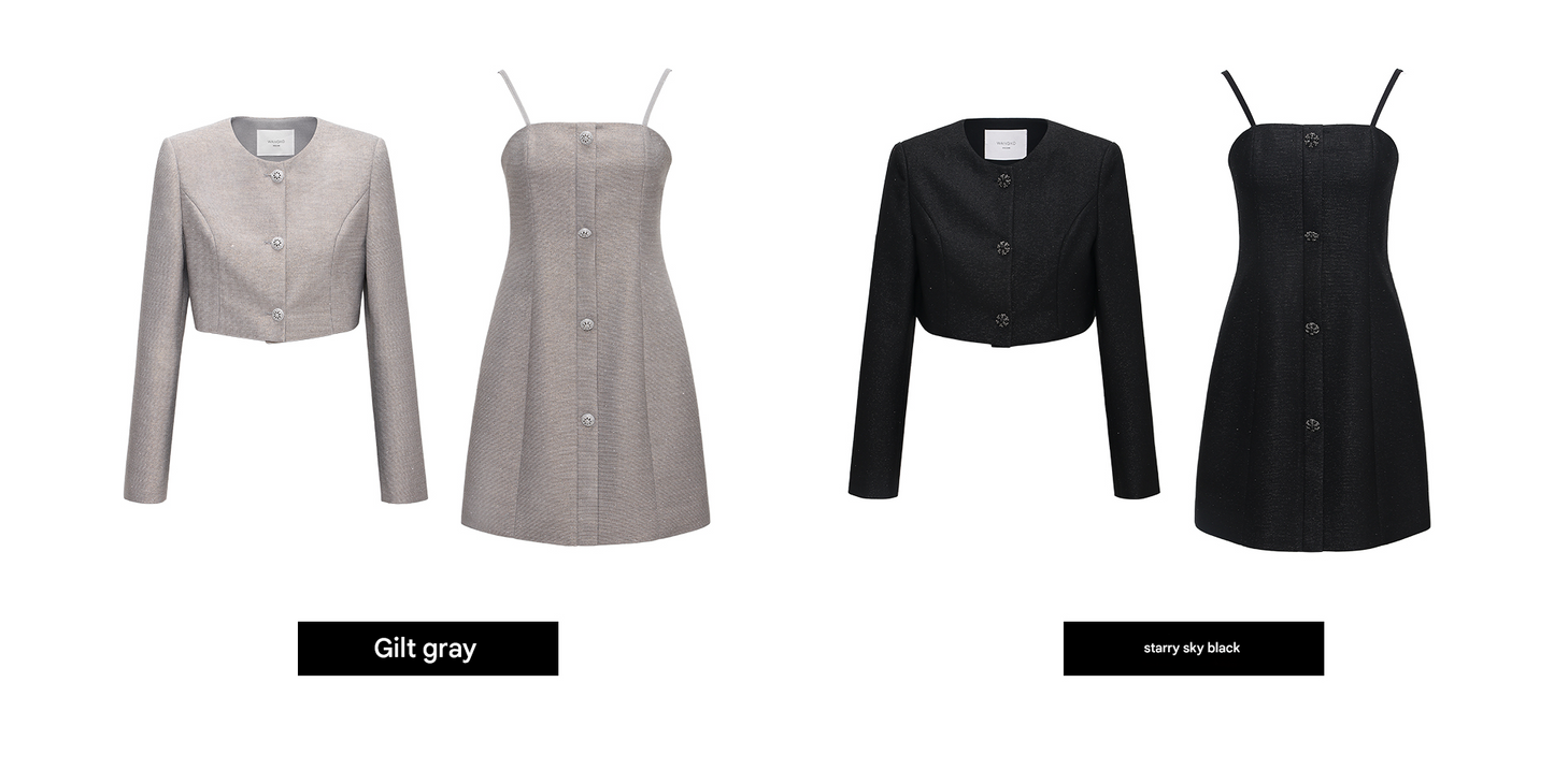 WANGXO | Silver Silk Truncated Shoulder Box Coat & Slip Dress Set -VERA.