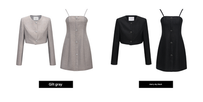 WANGXO | Silver Silk Truncated Shoulder Box Coat & Slip Dress Set -VERA.