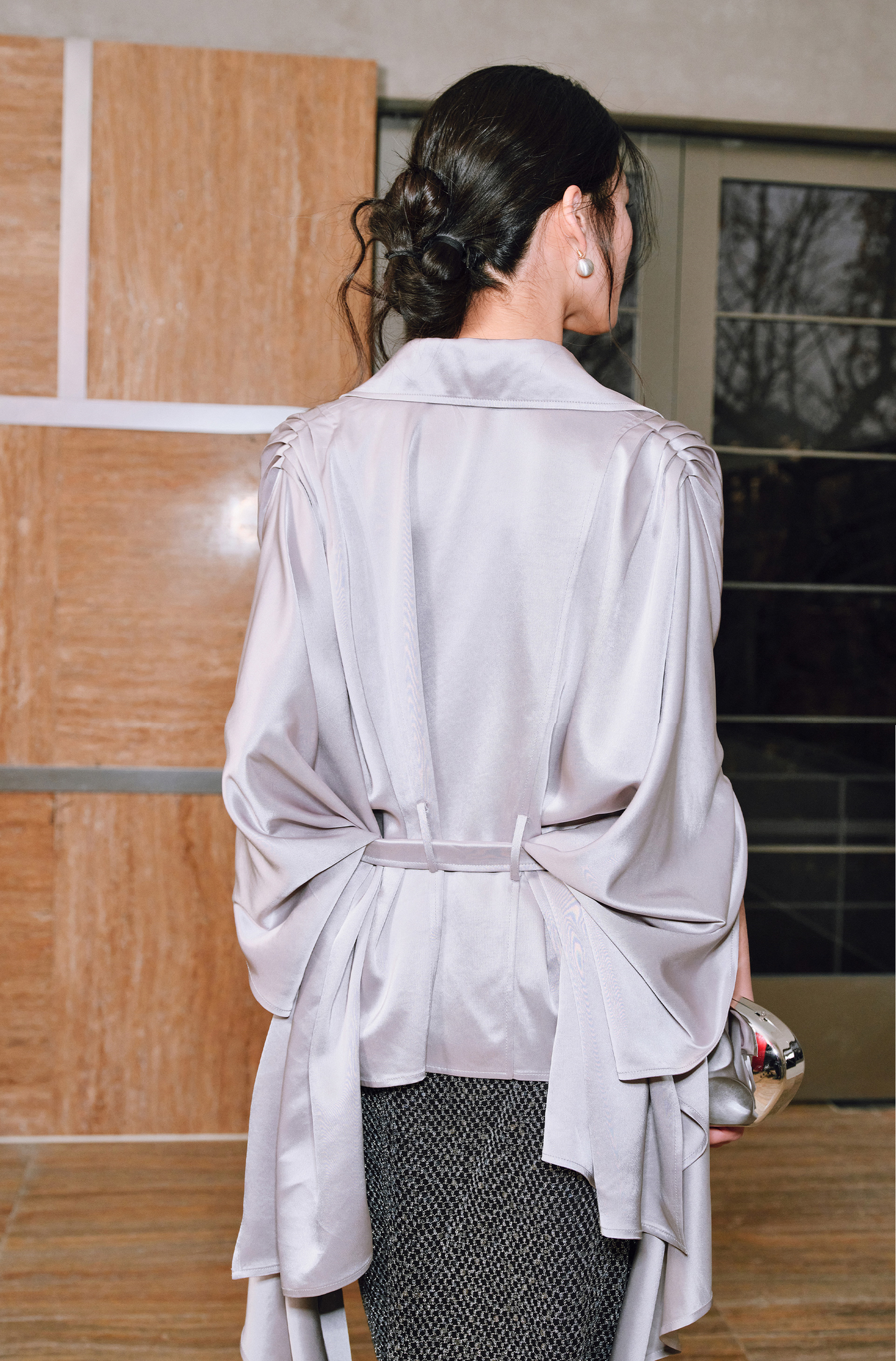 WANGXO | Acetate Double-Faced Satin Pleated Dolman Sleeve Belted Short Trench Coat-LARA.