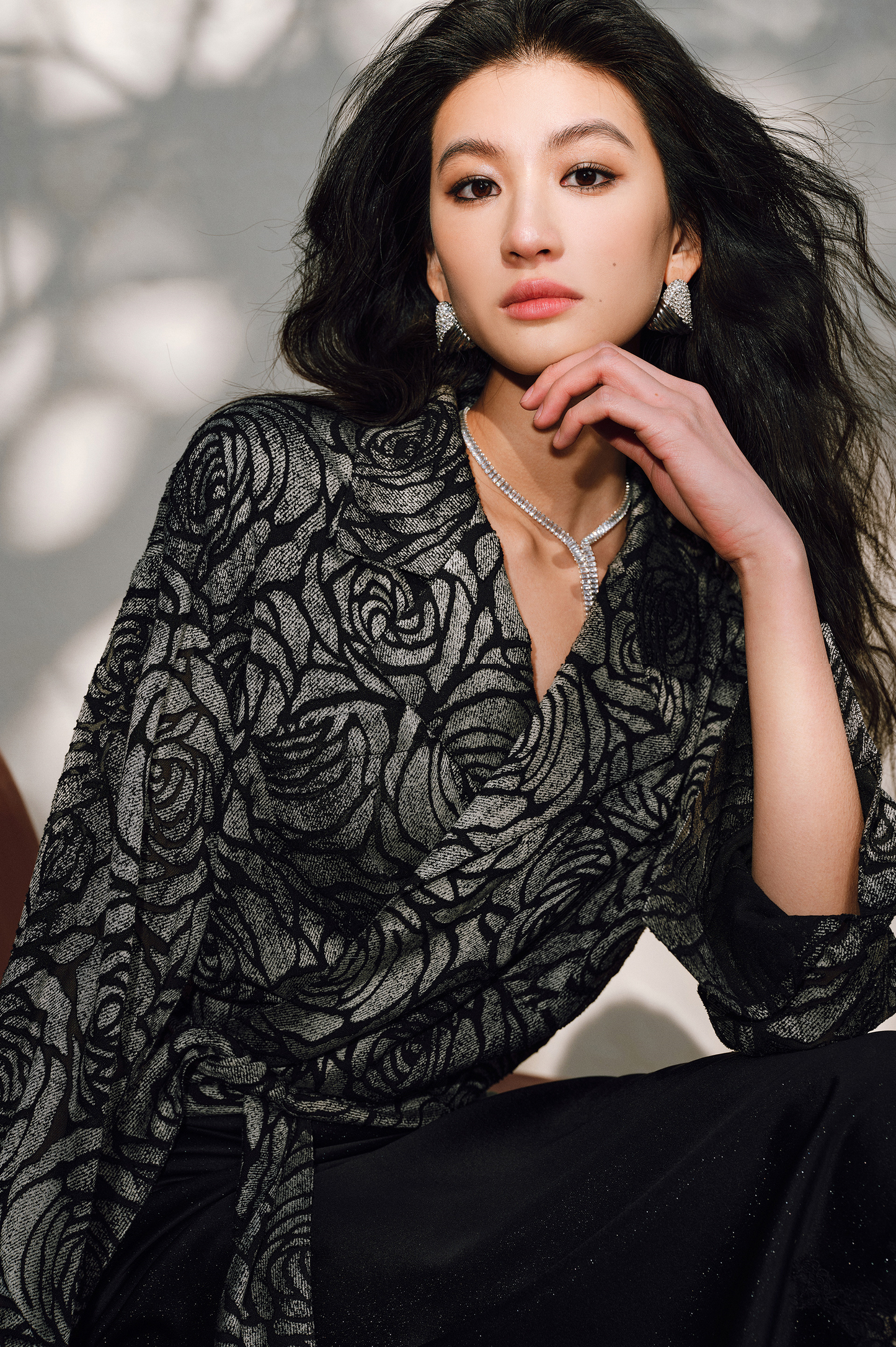 WANGXO | Rose Embossed Georgette with Cut Flowers Long Sleeve Cropped Shirt-SENA.