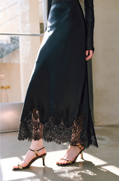 WANGXO |Silver Acetate Satin Embroidered Lace Slit Hip Maxi Skirt -LARA.