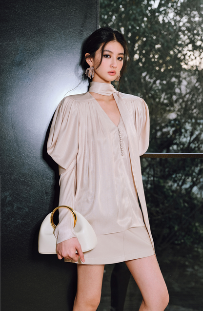 WANGXO | Satin Luster with Sequin-Embellished Silk Sleeve V-Neck Streamer Shirt - NIA.