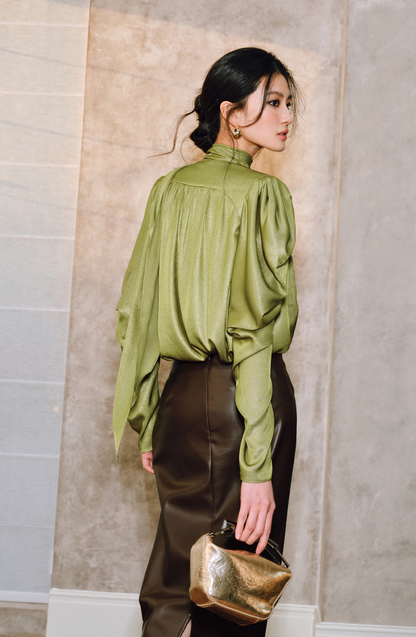 WANGXO | Satin Luster with Sequin-Embellished Silk Sleeve V-Neck Streamer Shirt - NIA.