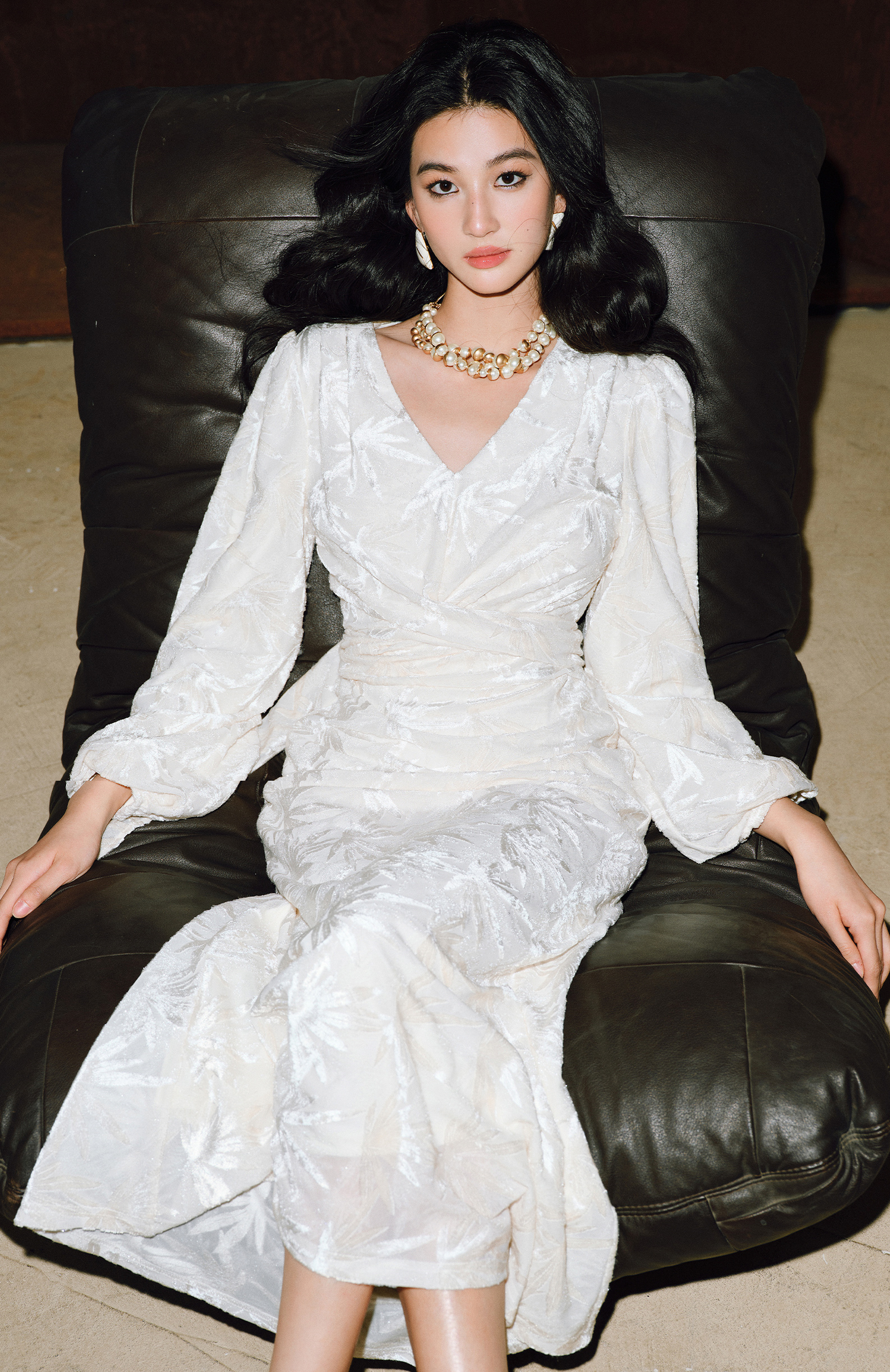 WANGXO | Bright Silk Stretch Knit Jacquard V-Neck Tie Waist Dress-KIRA.