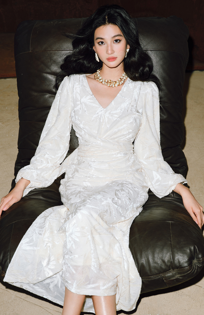 WANGXO | Bright Silk Stretch Knit Jacquard V-Neck Tie Waist Dress-KIRA.