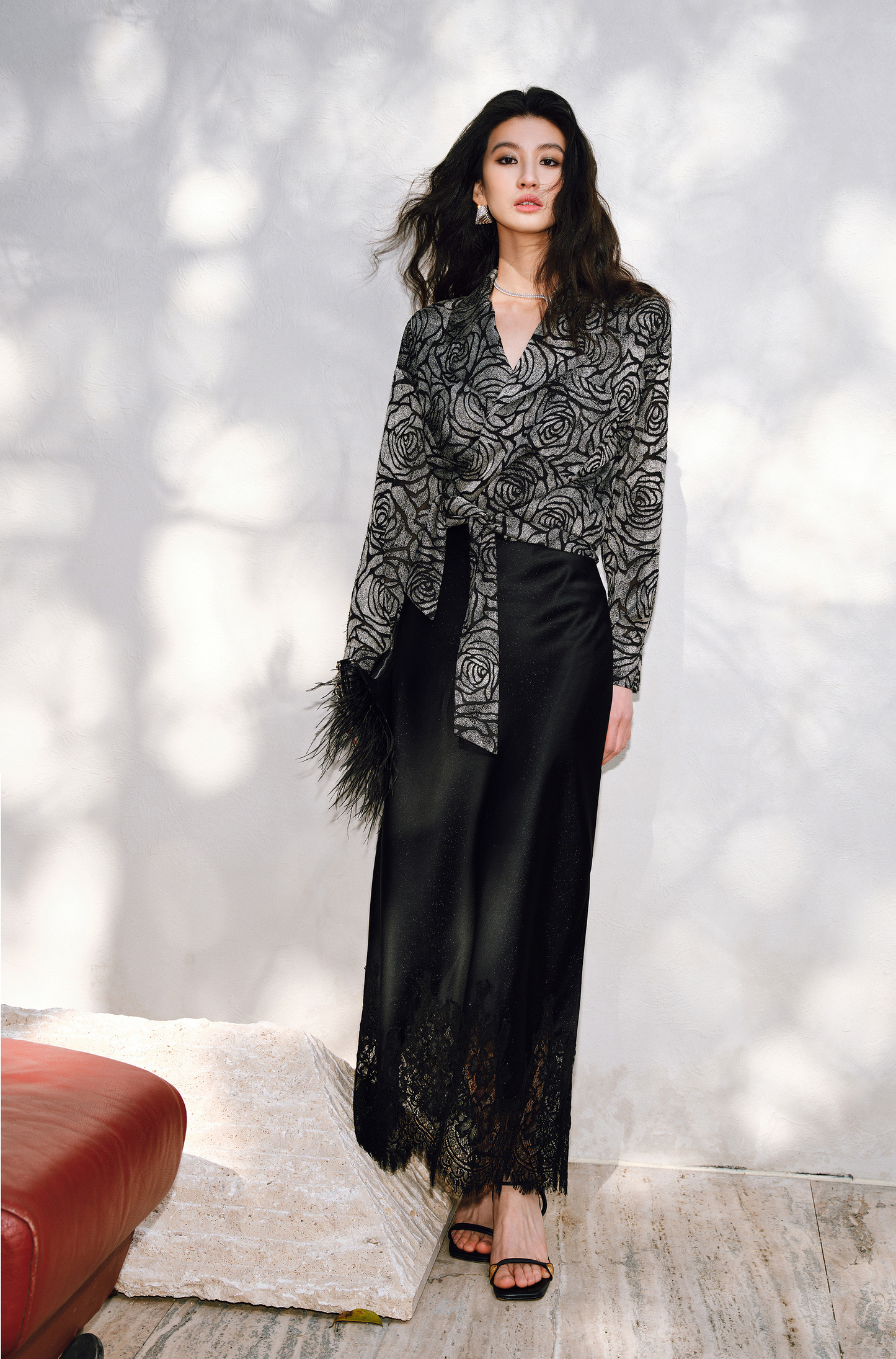 WANGXO | Rose Embossed Georgette with Cut Flowers Long Sleeve Cropped Shirt-SENA.