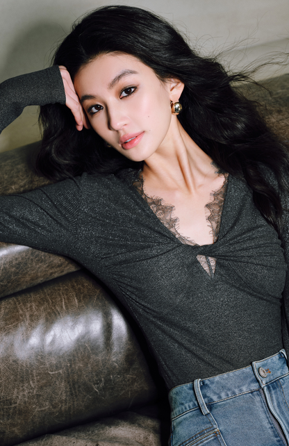 WANGXO | Sprinkled Silver Knit Lace Inlay with Twisted Pleated V-Neck Top- SIA.