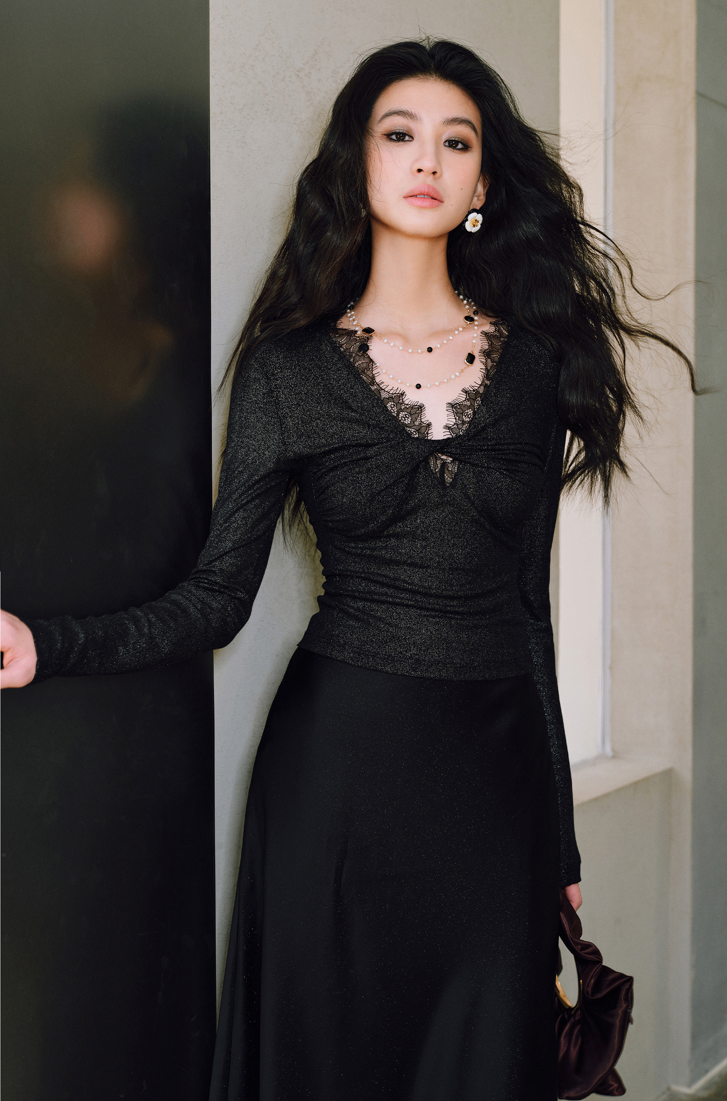 WANGXO | Sprinkled Silver Knit Lace Inlay with Twisted Pleated V-Neck Top- SIA.