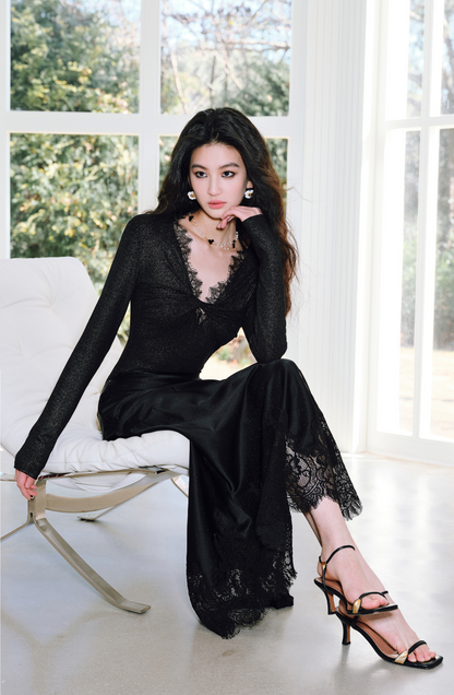 WANGXO | Sprinkled Silver Knit Lace Inlay with Twisted Pleated V-Neck Top- SIA.