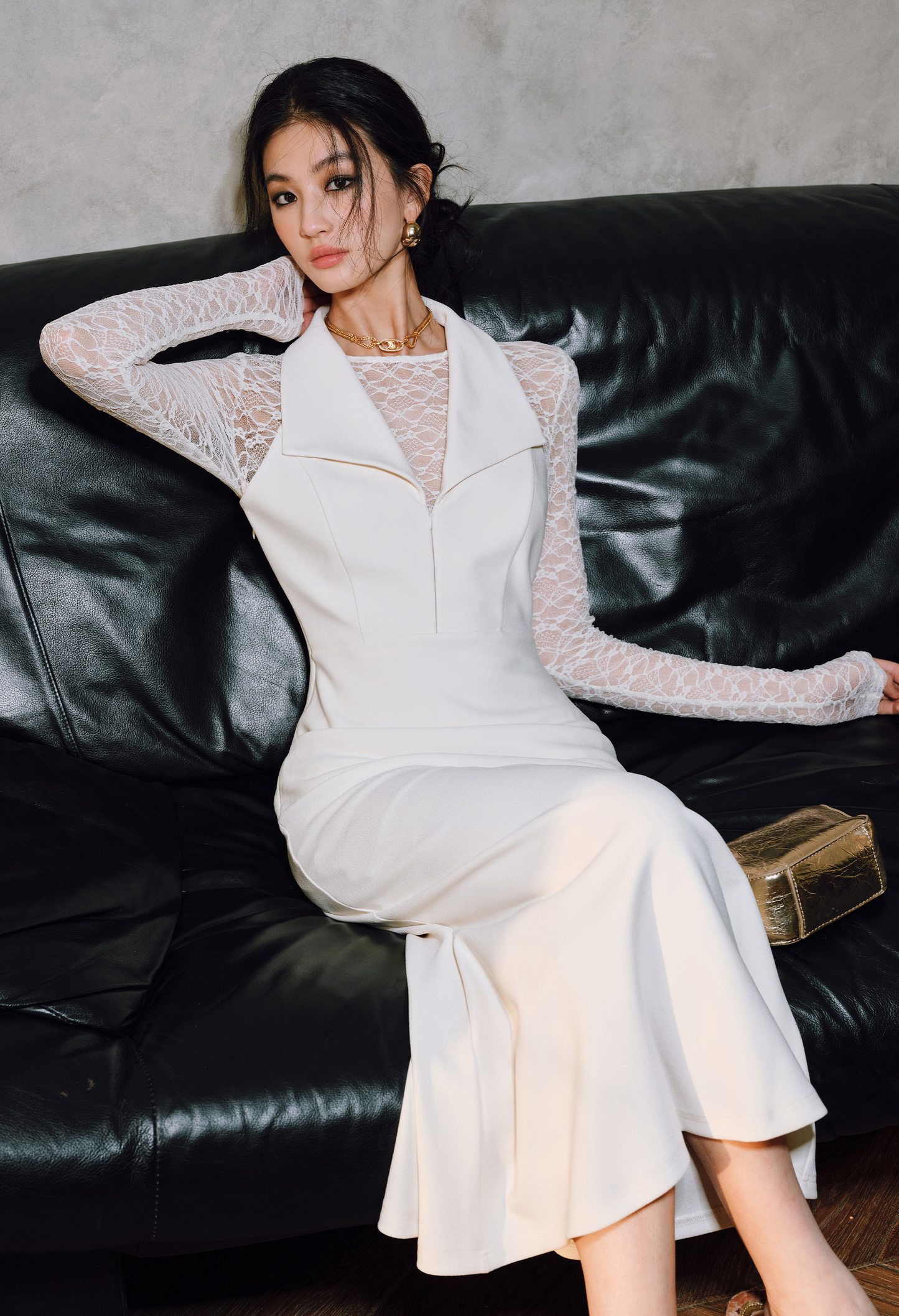 WANGXO | Two-Piece Patchwork Lace Elegant Halterneck Fishtail Dress -LINA.