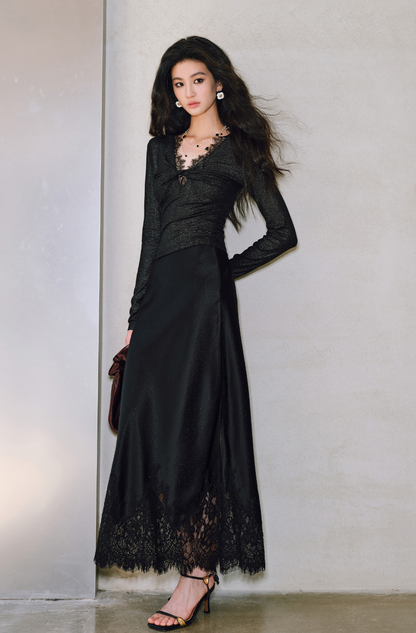 WANGXO | Sprinkled Silver Knit Lace Inlay with Twisted Pleated V-Neck Top- SIA.