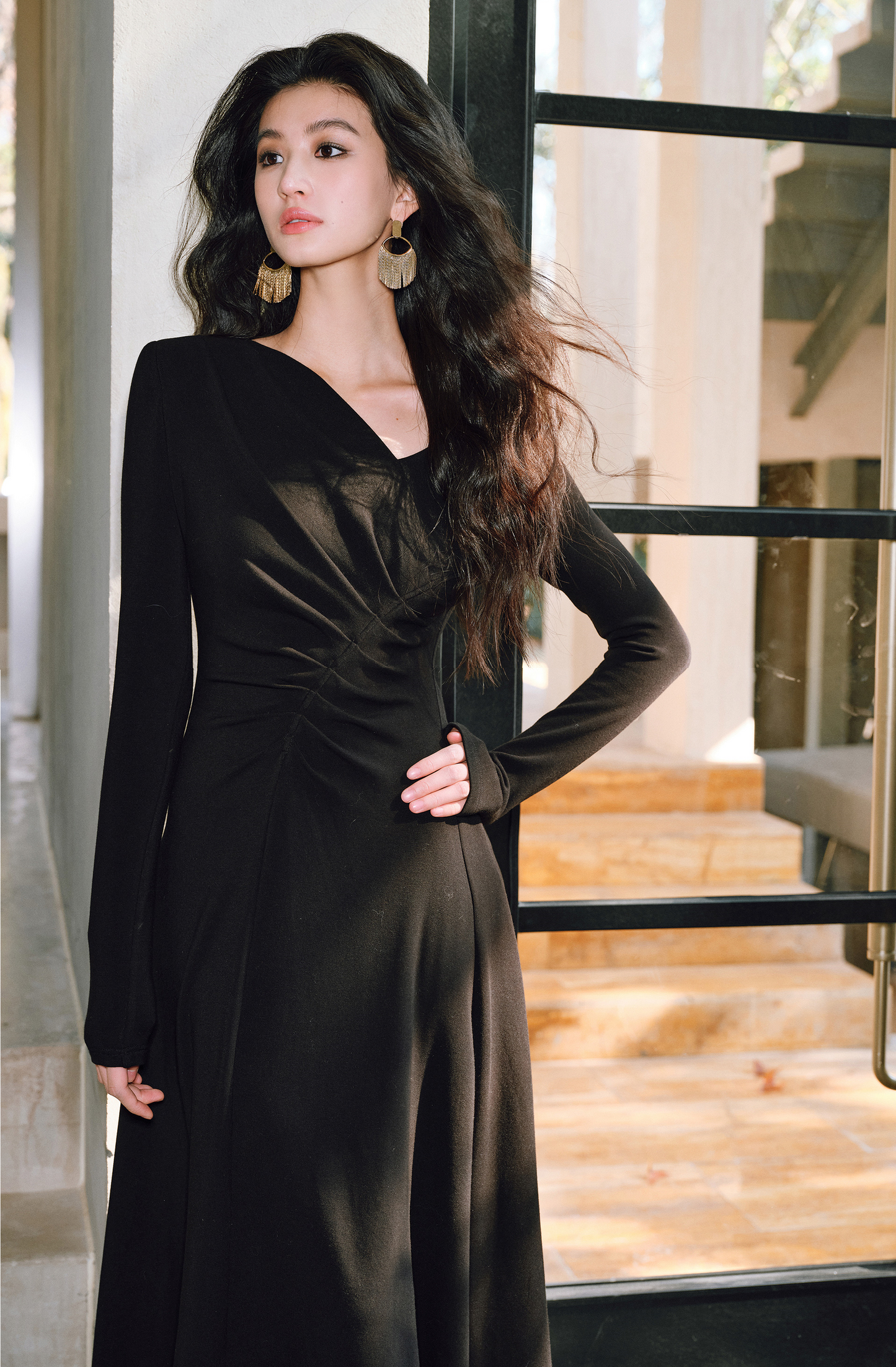 WANGXO | Knitted Fabric Sculptural Pleats Overlapping V-Neck Slim A-Hem Dress-NORA.