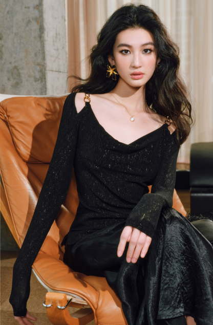 WANGXO | Xinghai Bright Silk Knit Swing Collar Metal Chain Top- LILA.