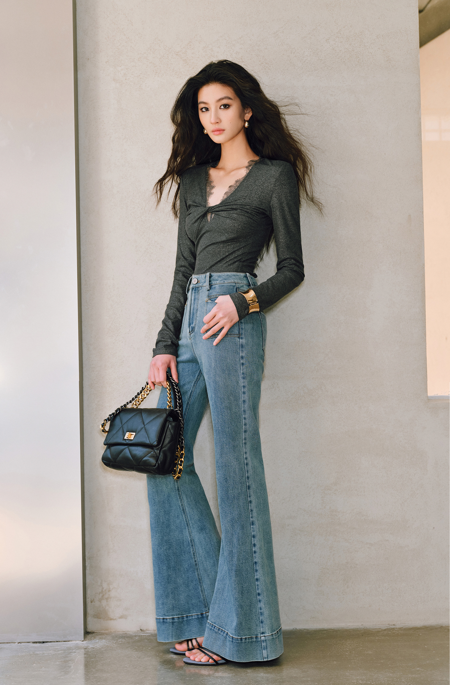 WANGXO | Sprinkled Silver Knit Lace Inlay with Twisted Pleated V-Neck Top- SIA.