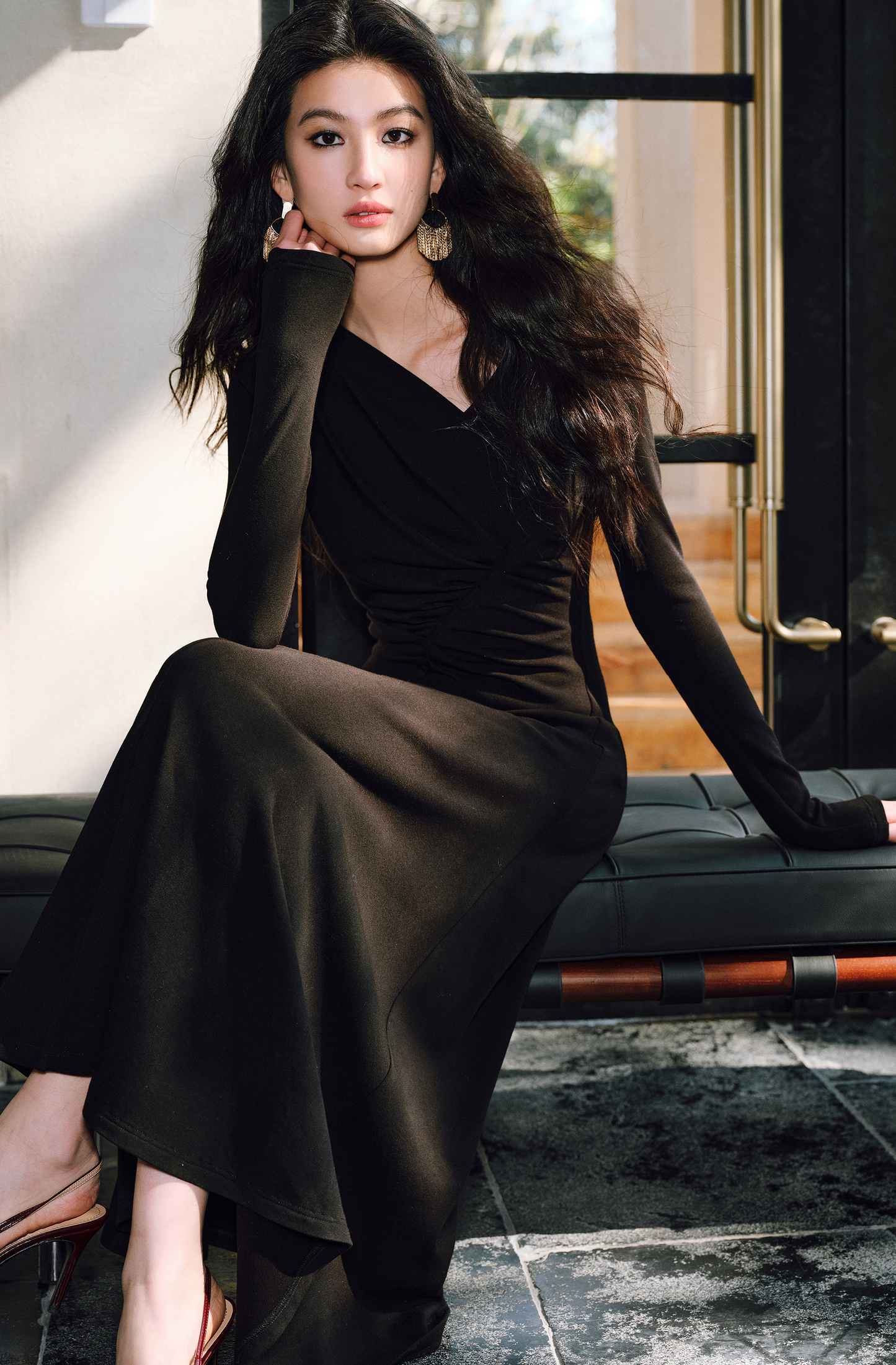 WANGXO | Knitted Fabric Sculptural Pleats Overlapping V-Neck Slim A-Hem Dress-NORA.