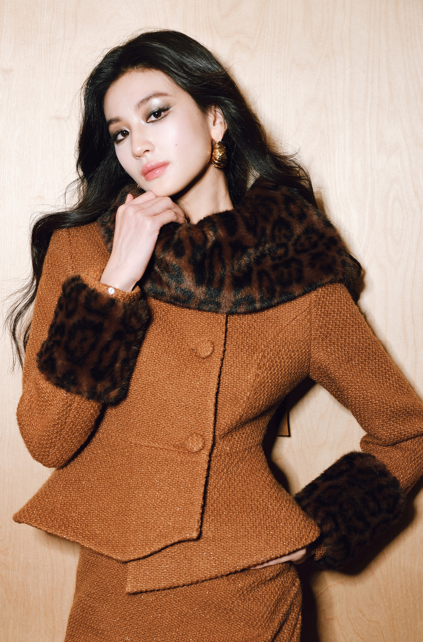 WANGXO | Detachable Leopard Sleeves Ruffle Hem Jacket & Flower Bud Skirt Set-NOYA.