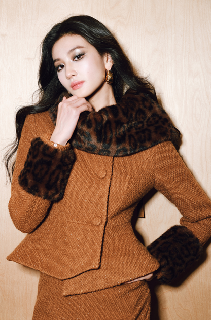 WANGXO | Detachable Leopard Sleeves Ruffle Hem Jacket & Flower Bud Skirt Set-NOYA.