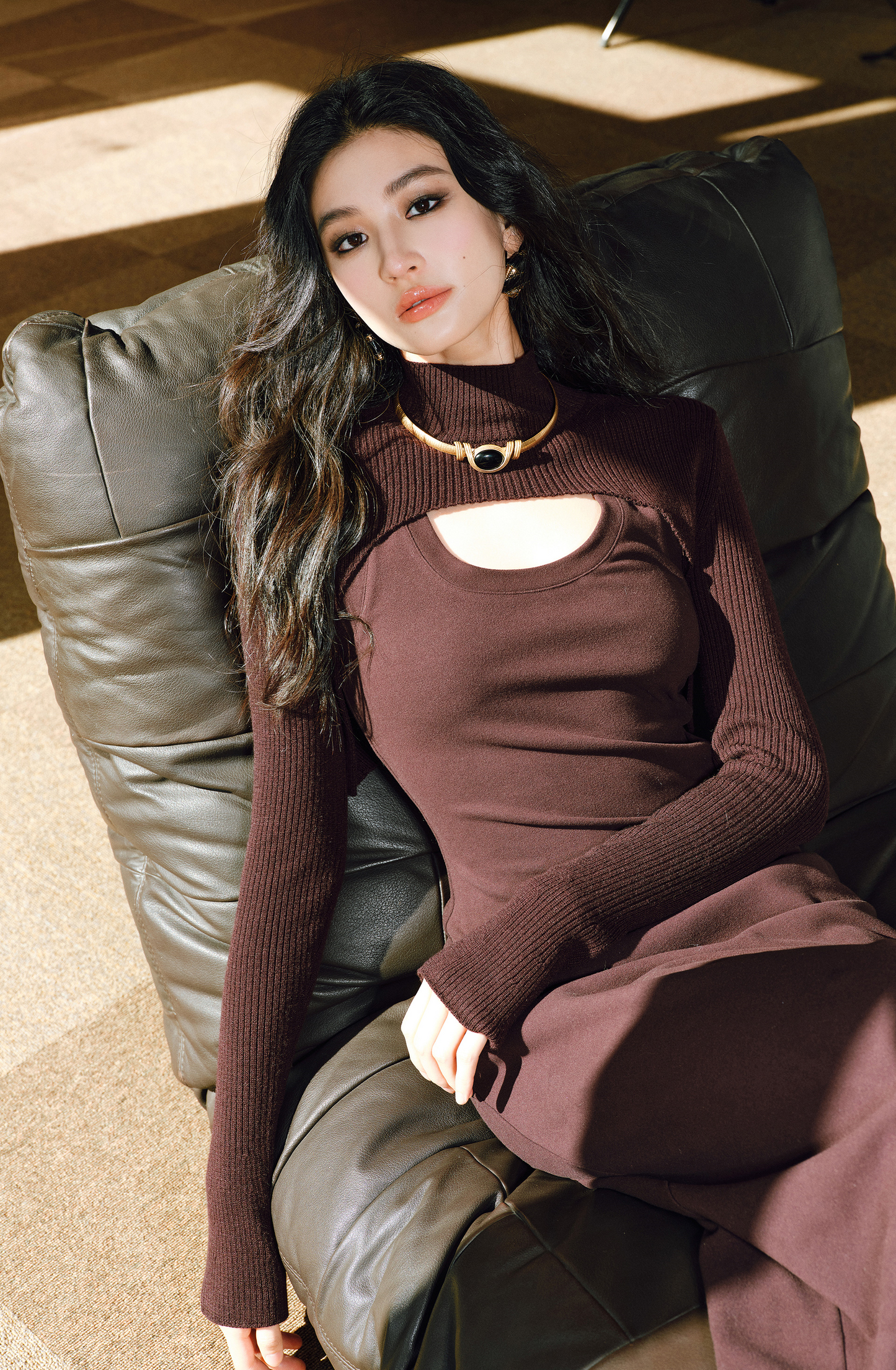 WANGXO | Delicate 12-Needle Wool Pit Texture U-Neck Side Pleated Dress- RINA.