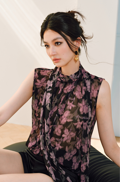WANGXO | Stand Collar Shun Yu Wrinkled Print Sleeveless Ribbon Shirt -EVELINA.