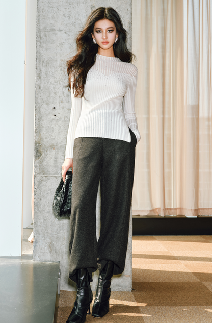 WANGXO | Worsted Wool with 3D Pit Stripes Openwork Diamond Detail Knitwear -ENYA.