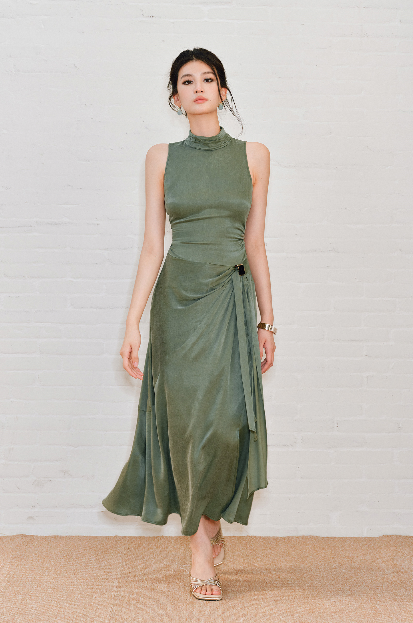 WANGXO | Luxe Cupro Maxi Sleeveless Drape Dress -ISOLINA.