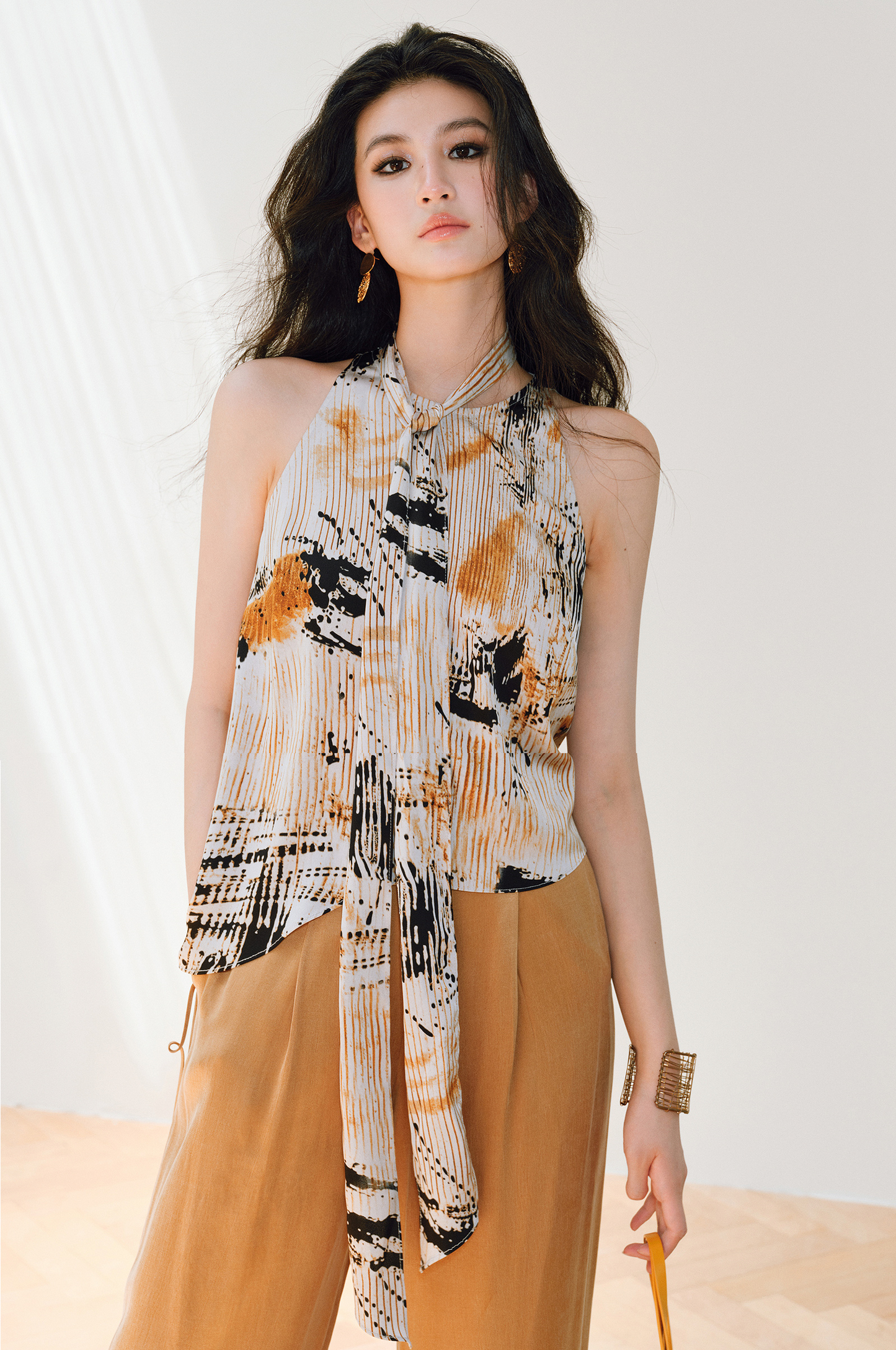 WANGXO | Satin Oil-Paint Floral Shadow Silken Drape Top -EVELISE.