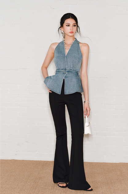 WANGXO | Soft Cotton Denim Halterneck Top -CALISTA.