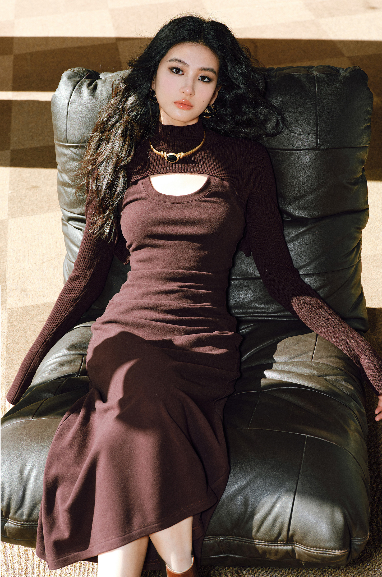 WANGXO | Delicate 12-Needle Wool Pit Texture U-Neck Side Pleated Dress- RINA.