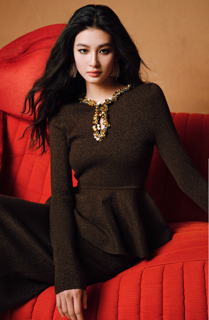 WANGXO | Water Drop Collar with Sequin Inlay Ruffle Hem Top & Skirt Set-VANA.