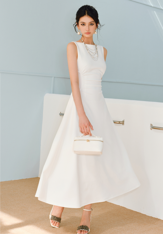 WANGXO | Boat Neck Cinched Waist & Flowing Umbrella Hem Dress  MARCELINE.