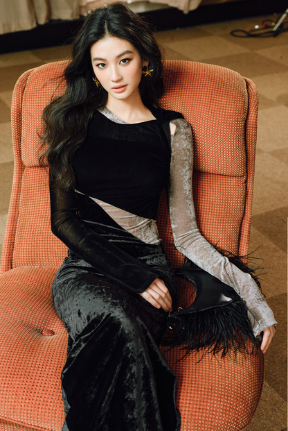 WANGXO | Soft Velvet 3-Yarn Stitching Pleated Slim-Fit Knitted Dress- LENA.