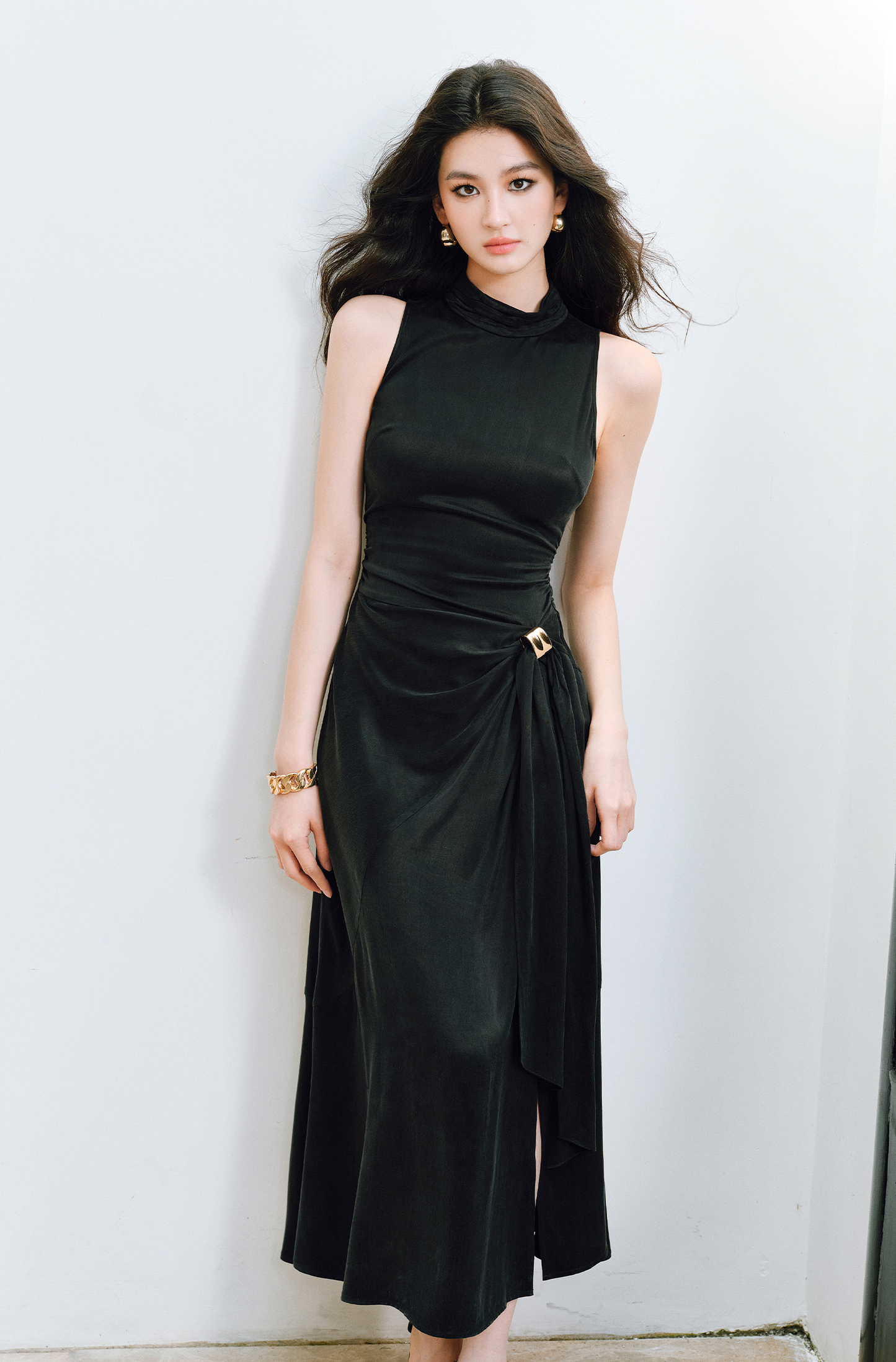 WANGXO | Luxe Cupro Maxi Sleeveless Drape Dress -ISOLINA.