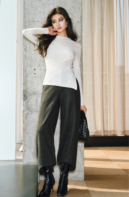 WANGXO | Worsted Wool with 3D Pit Stripes Openwork Diamond Detail Knitwear -ENYA.