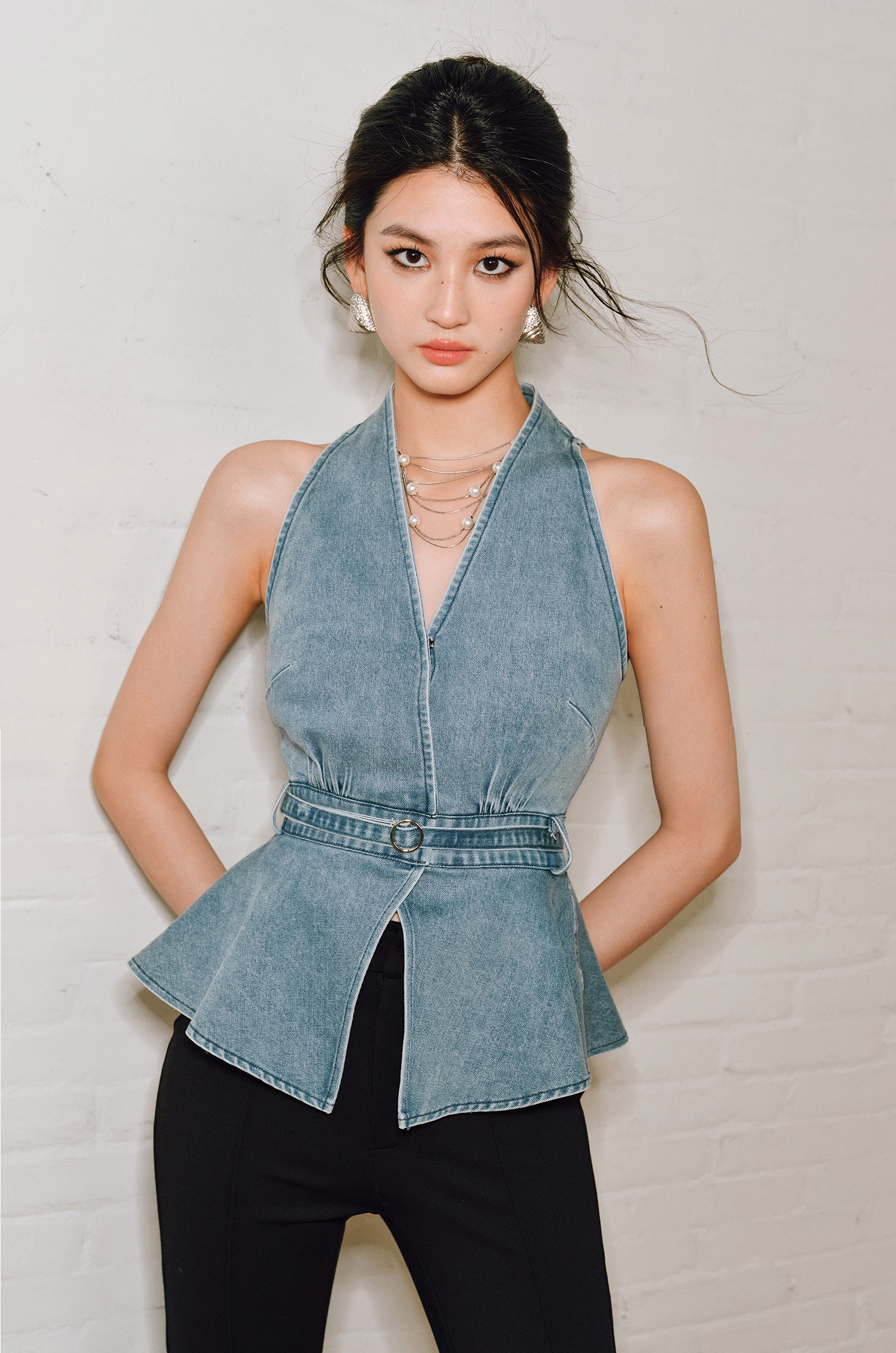 WANGXO | Soft Cotton Denim Halterneck Top -CALISTA.