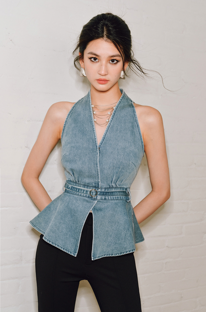 WANGXO | Soft Cotton Denim Halterneck Top -CALISTA.