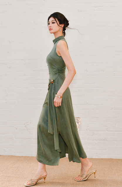 WANGXO | Luxe Cupro Maxi Sleeveless Drape Dress -ISOLINA.