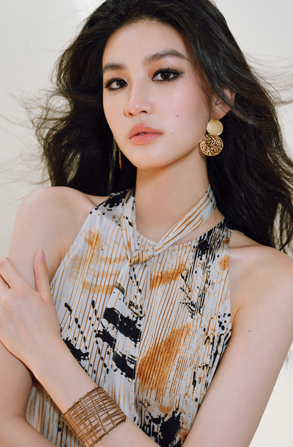 WANGXO | Satin Oil-Paint Floral Shadow Silken Drape Top -EVELISE.