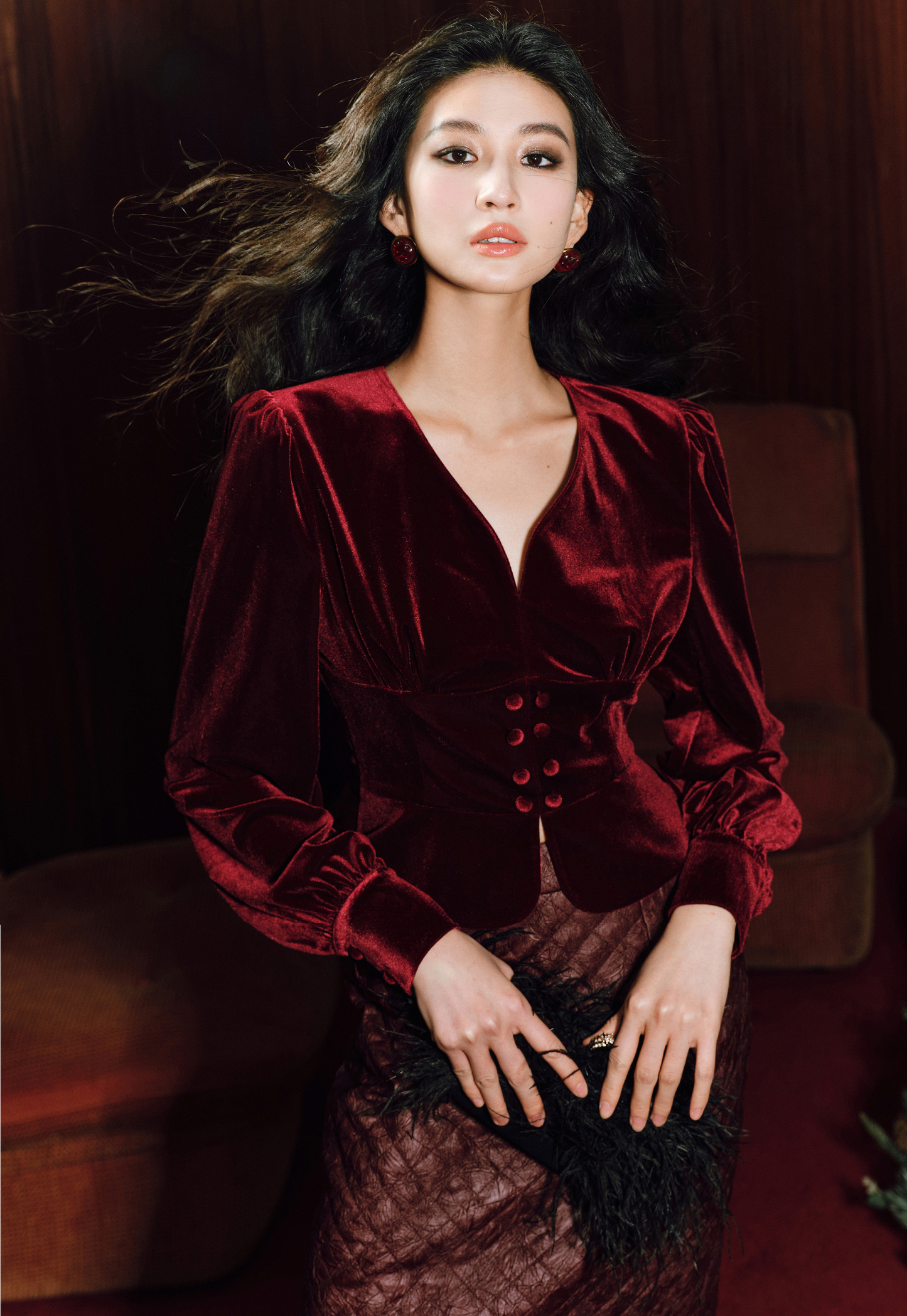 WANGXO | Light & Shadow Korean Velvet V-Neck Crop Top-LENA.